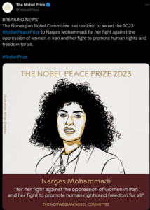 Iranska människorättsaktivisten Narges Mohammadi tilldelas Nobelsfredspris för sin kamp mot kvinnoförtryck i Iran och för att främja mänskliga rättigheter för alla.